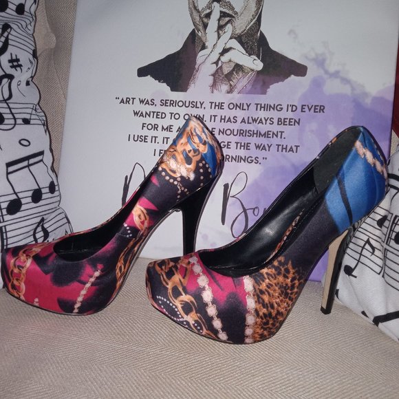 PRICED JUST RIGHT! Aldo Pumps Jewelry Mixed Print Platform Heels Sz 37 (US 6.5) - Picture 11 of 12